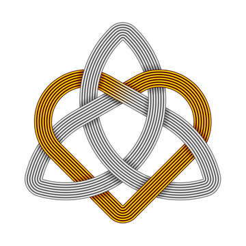 Triquetra with heart made of metal wires. Trinity love symbol. Vector illustration.