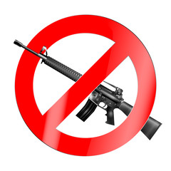 The sign of the ban, there is no war with the American M16 automatic rifle. Isolated object.