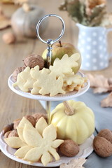 cookies in form of leaves on cake stand