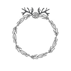 Laurel wreath with brunch, horn and flowers. Decorative element at engraving style
