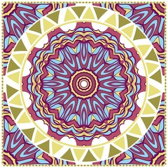 Decorative colorful floral ornament with decorative border. Ethnic mandala decoration. For fashion print, bandanna, tablecloth, neck scarf