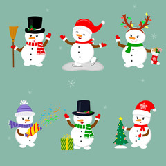 New Year and Christmas card. Set of six cute snowmen in different hats and poses in winter. Christmas tree, gifts, confetti, skates and ice. Cartoon style, vector