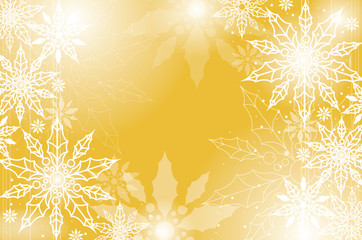 Gold Christmas background with holly tree ornament and snowflakes. Gold and white color. Vector illustration. 