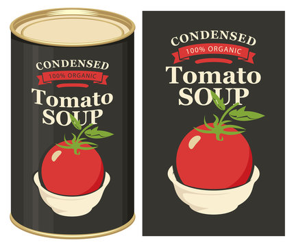 Vector illustration of label for condensed tomato soup with the image of tomato on black background and tin can with this label