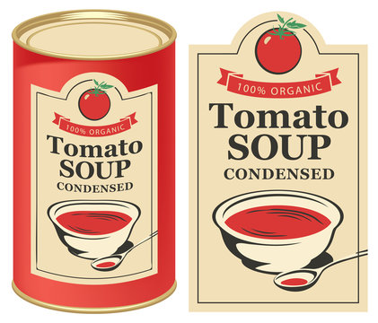Vector illustration of label for condensed tomato soup with the image of a tomato on light background and red tin can with this label