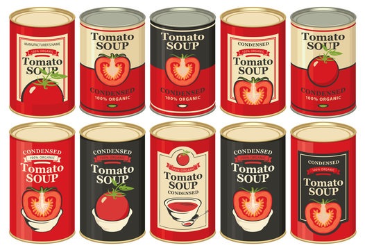 Vector set of tin cans with various labels for condensed tomato soup with images of tomatoes and inscriptions