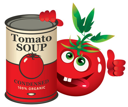 Vector illustration of tin can with label for condensed tomato soup with funny tomato character isolated on white background