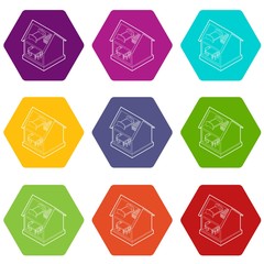 Toy house icons 9 set coloful isolated on white for web