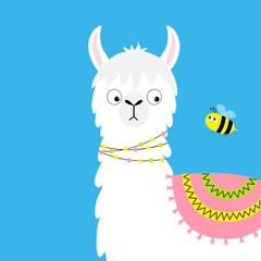 Llama alpaca and bee. Childish baby collection. Cute cartoon funny kawaii character. Fluffy hair fur. Decoration. T-shirt, greeting card, poster template print. Flat design. Blue background.