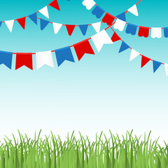 Obraz premium Vector illustration of Blue sky and green grass landskape with colorful flags garlands.