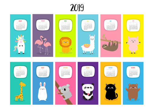 Animal vertical monthly calendar 2019. Alpaca, llama, unicorn, flamingo, sloth, lion, panda, cat, giraffe, bear, rabbit, hare, pig, koala. Cute funny cartoon character set. Flat White background.