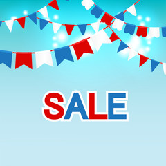Obraz premium Vector illustration of Blue sky with colorful flags garlands and text sale.