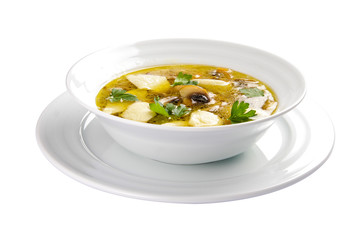 Mushroom soup with dumplings. A traditional Lithuanian dish. On a white background