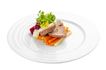 Tafelspitz. A traditional Austrian dish. On a white background