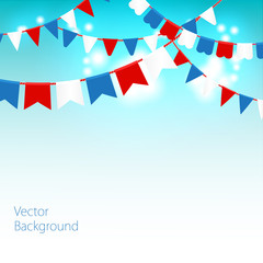 Vector illustration of Blue sky with colorful flags garlands.