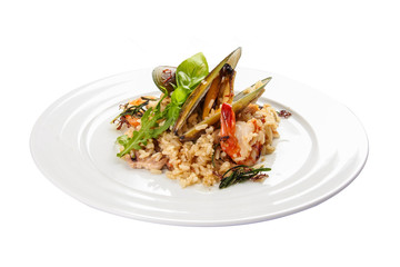 Rice with seafood on a white background