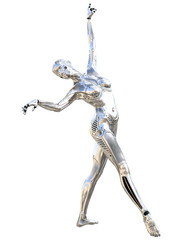 Dance robot woman. Metal shiny silver droid. Artificial Intelligence. Conceptual fashion art. Realistic 3D render illustration. Studio, isolate, high key.