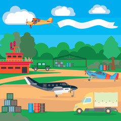 Vector illustration with countryside landscape and airport on nature. A vivid illustration with motor jets, hangars and vehicles.