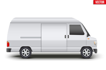 Original classic white minibus. Cargo and service van transportation. Editable Vector illustration Isolated on white background.