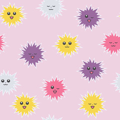 Cute pompons with a face. Different emotions. Bright seamless pattern