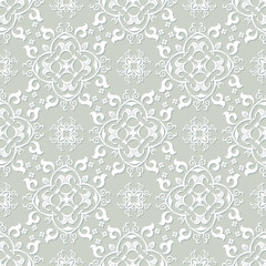 Silver grey and white damask seamless pattern. Victorian old style, luxury ornament.