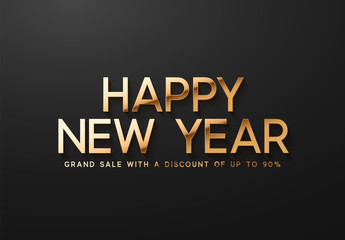 Fototapeta premium Happy New Year Sale Banner, poster, logo golden color on black background.