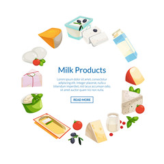 Vector cartoon dairy and cheese products in circle shape with place for text illustration