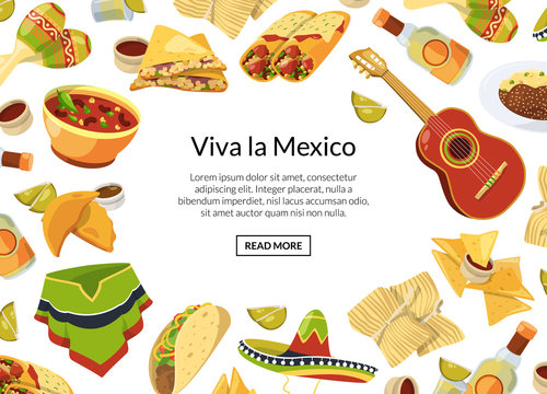 Vector cartoon mexican food background with place for text illustration. Festive banner with food