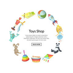 Vector cartoon children toys in circle shape with place for text illustration isolated on white background