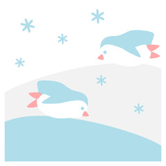 Penguins are sliding in snow