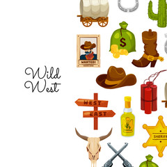 Vector cartoon wild west elements background with place for text illustration. Sheriff star and hat