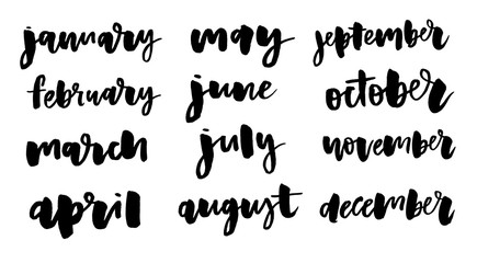 Handwritten names of months: December, January, February, March, April, May, June, July, August, September, October, November. Calligraphy words for calendars and organizers.