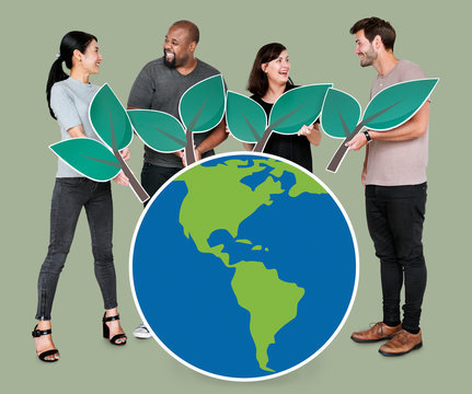 Diverse people with environmental conservation concept icons