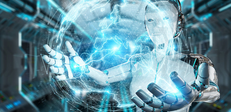 White robot woman using digital sphere connection hologram 3D rendering
