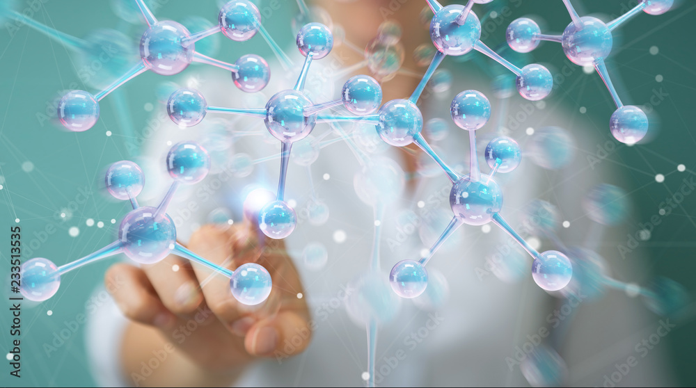 Poster businesswoman using modern molecule structure 3d rendering