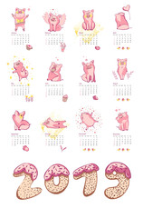 Monthly creative calendar 2019 with cute pig. Concept, vector vertical editable template. Symbol of the year in the Chinese calendar. Vector illustration.