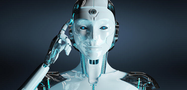 White woman cyborg thinking and touching her head 3D rendering