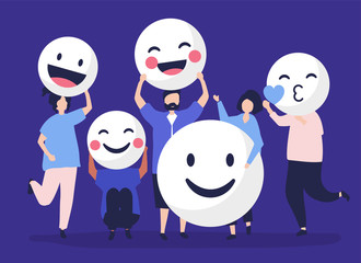 Characters of people holding positive emoticons illustration