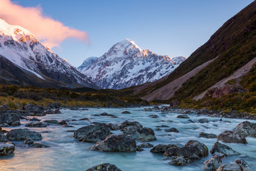 Mount Cook with Hooker River flowing as a foreground in the dawn at Aoraki Mount Cook National Park, Canterbury, New Zealand