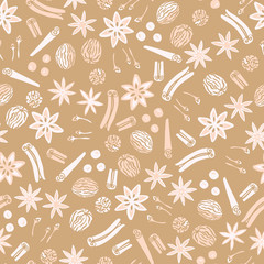Holiday spices seamless vector repeat pattern background with star anise, cinnamon, nutmeg and clove.