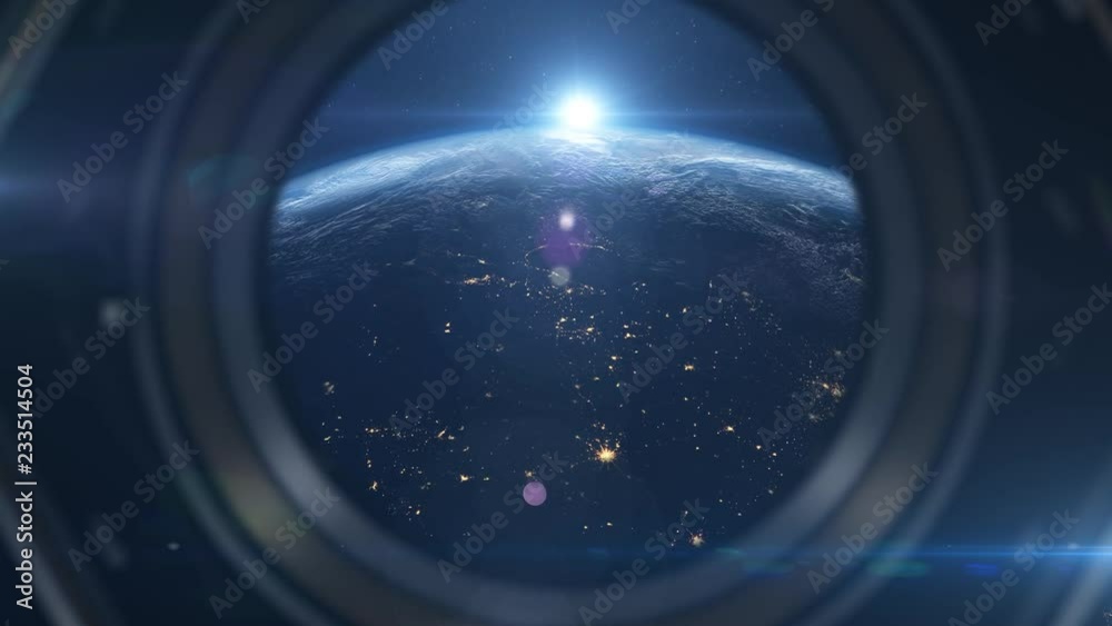 Wall mural 3d animation of a spaceship in orbit around planet earth in 4k