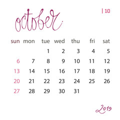 Calendar template set for 2019 year in one vector file. Business organizer design element for print or applications. Regular intervals.