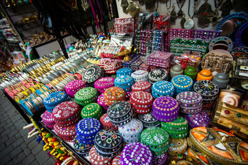 Jewelry boxes for sale on a street market in Marrakech, Morocco, ethnic jewelry from Morocco.