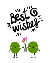 Fotobehang Best wishes lettering and illustration two frogs giving flowers bouquet kawaii style for posters cards prints kids books © ushan