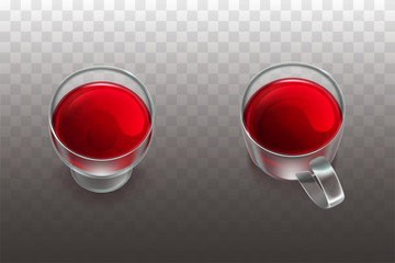 Red wine in beaker and fruit tea or cherry juice in glass cup realistic vector icon isolated on transparent background. Alcohol drink in glassware degustation mockup. Mulled wine 3d illustration