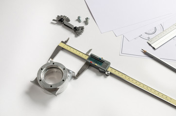 Engineering drawing and digital vernier calipers, measuring tools