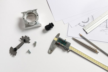 Engineering drawing and digital vernier calipers, measuring tools