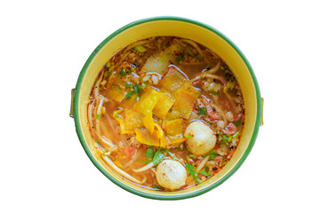 Spicy noodle soup with pork, put the Pinto On a white background.