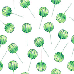 Watercolor pattern with watermelon lollipops on a white background. Illustration of food in cartoon style for textile, packaging design, printing