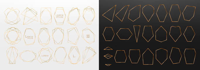 Gold collection of geometrical polyhedron, art deco style for wedding invitation, luxury templates, decorative patterns,... Modern abstract elements, vector illustration, isolated on backgrounds.